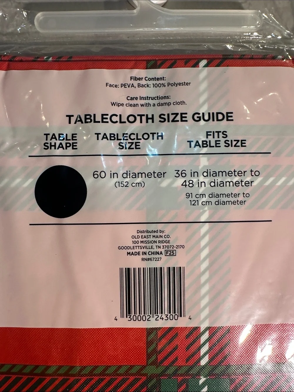 PEVA Round Tablecloth 60” Red and Green Plaid – Christmas Table Cover